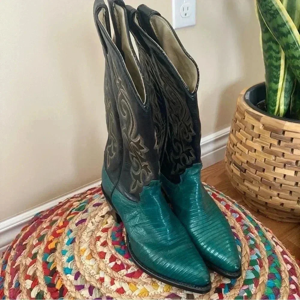 Justin green black cowboy santiags western  boots - Picture 4 of 7